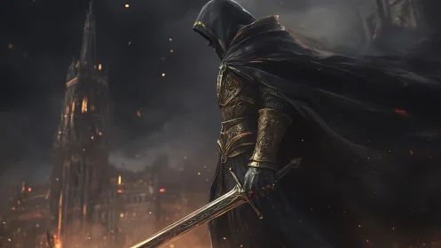 Hooded dark knight with burning gothic city backdrop.