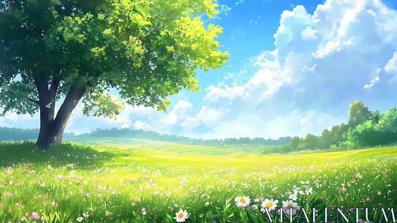Sunlit spring meadow under towering shade tree illustration.