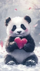 Snowy panda holding red heart in soft winter light.