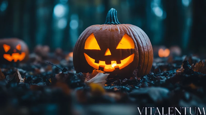 Candlelit jack o’ lantern in shallow depth woodland setting.