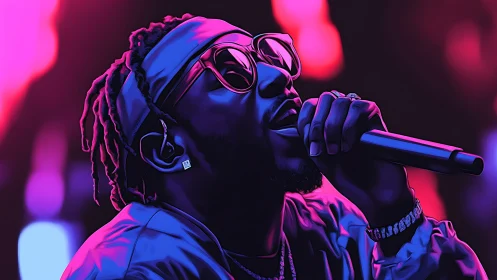 Neon-lit rapper lost in the glow of a midnight performance.