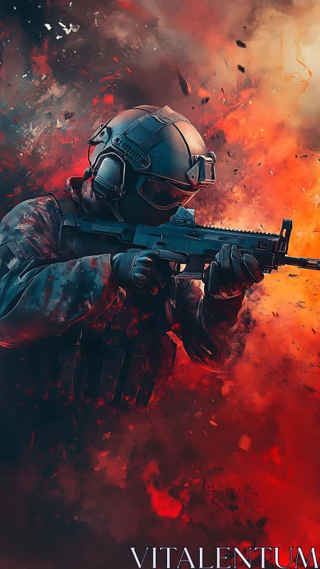 Armored midnight trooper carving focus through firestorm.