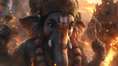 Ember-crowned Ganesha amid blazing temple dusk reverie.