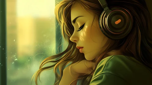 Warm backlight profiles girl with headphones in digital portrait