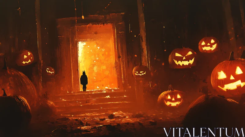 Child enters blazing doorway through haunted pumpkins portal
