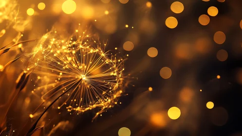Luminous dandelion seedhead with golden macro bokeh glow.