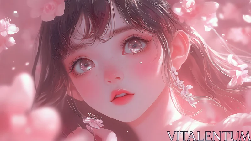 Pink toned anime portrait of girl with floral elements.
