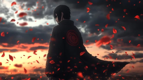 Solitary cloaked figure amid red petals at sunset horizon.