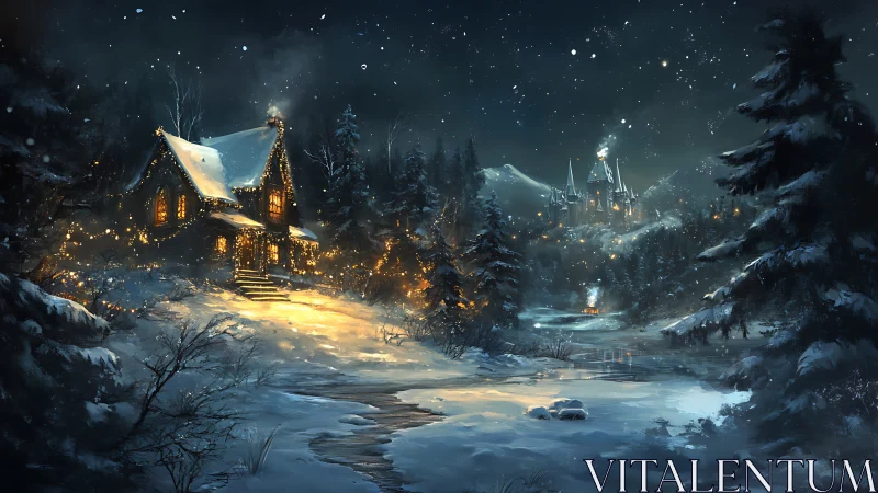 Digital painting of luminous winter cabin and distant castle.