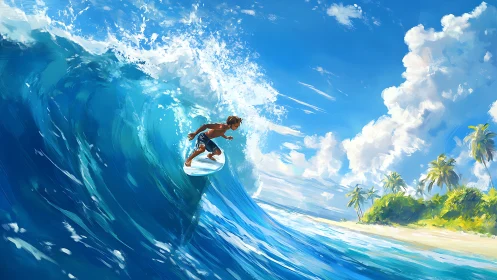 Dynamic surfer carving a translucent barrel beside sunlit tropical shore