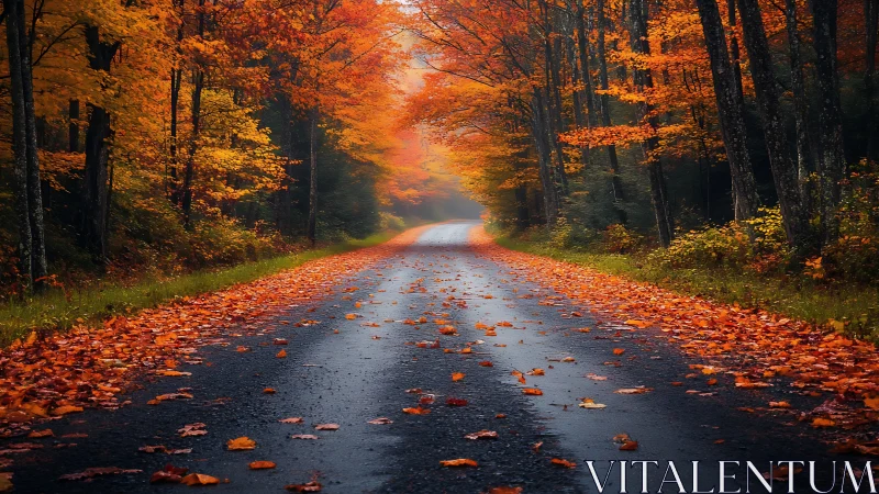 Rain-damp rural road recedes through dense autumn foliage corridor