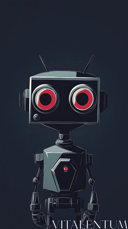 Curious little boxy robot with bright red circle eyes.