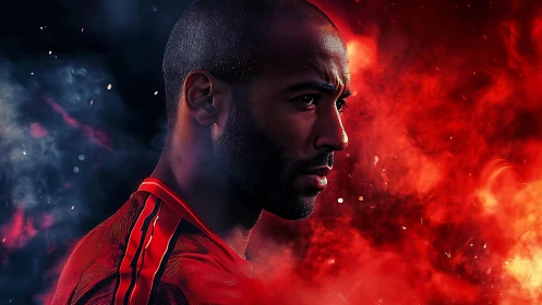 Focused athlete stands strong amid vivid red smoke