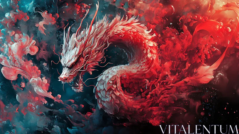 Crimson dragon coils through storm of teal and scarlet clouds.