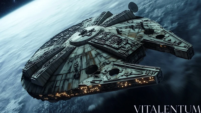 Detailed sci fi starship flying above a blue cloudy planet.