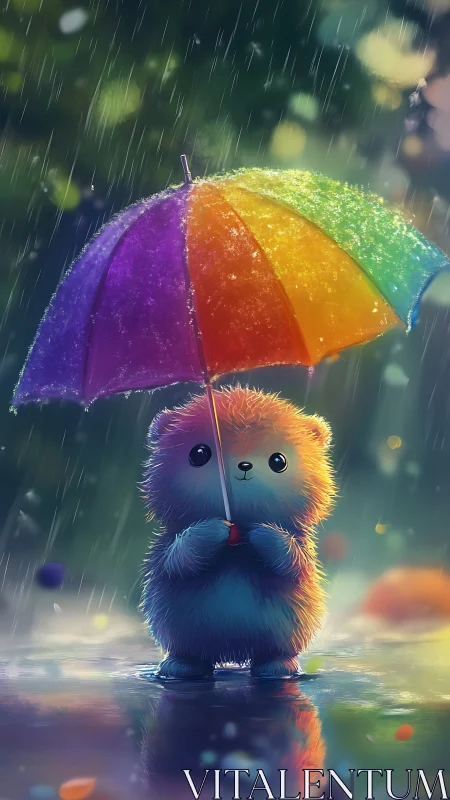 Small fluffy creature holding rainbow umbrella in rain.