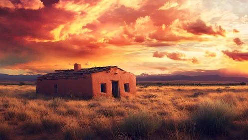 Sunlit desert adobe home under a glowing sunset sky.