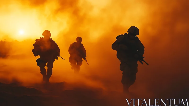 Soldiers advance through fiery battlefield haze at sunset.