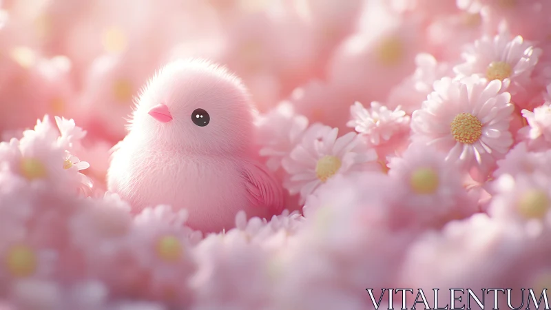 Soft pink chick nestled in dreamy pastel daisies bloom.