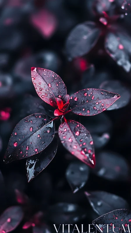 Crimson foliage macro with dewy highlights on dark bokeh.