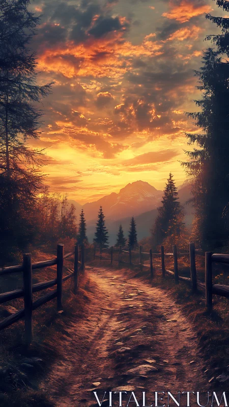 Mountain trail glows under dramatic golden sunset sky.