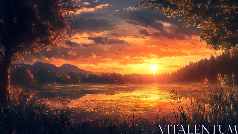 Sunset pours molten gold across a hush-drenched forest lake