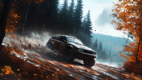 Rally car kicking up autumn mud through misty pines.