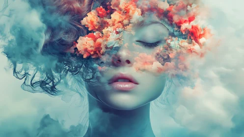 Surreal female portrait merging face, clouds, and flowers.
