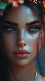 Sunlit freckled muse with ember-lit eyes in soft bloom.