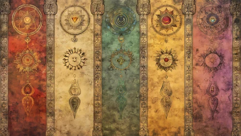 Esoteric mandala columns with alchemical sun and moon sigils.