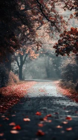 Autumn Path Through Trees With Fallen Leaves.
