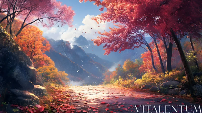 Luminous mountain path framed by radiant autumn foliage.