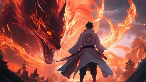 Flamebound warrior confronts colossal infernal fox spirit.