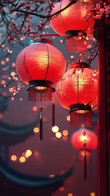 Red paper lanterns with tassels amid soft evening bokeh.