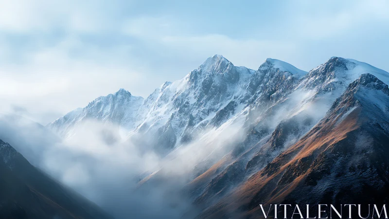 Snow-covered mountain ridge with low cloud and light haze.