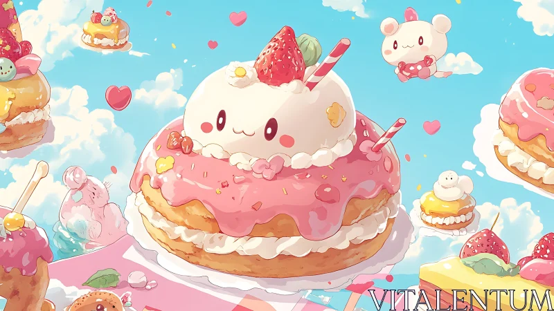 Kawaii strawberry cream pastry stack in floating dessert sky