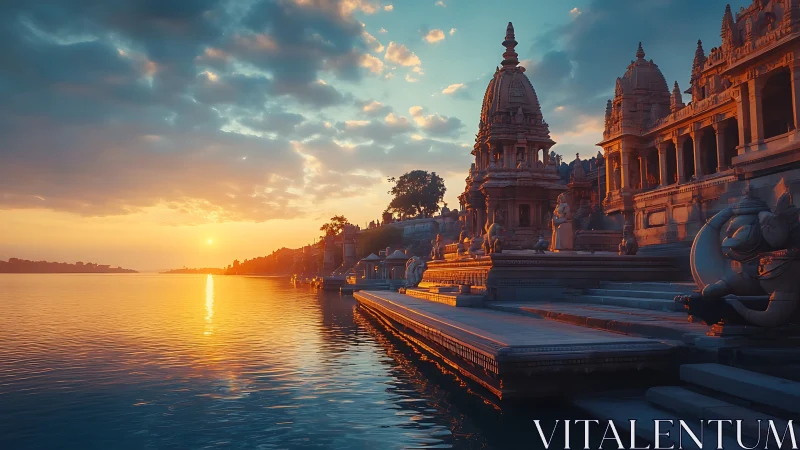 Golden sunset bathes riverside temple steps in tranquil light