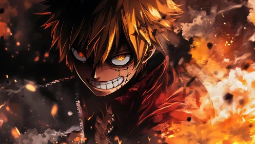 Intense anime character surrounded by dynamic flames.