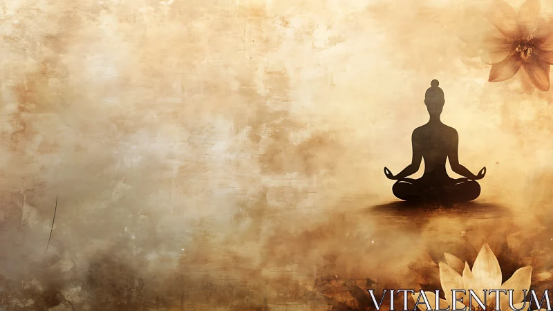 Gentle silhouette meditates among soft golden lotus blooms