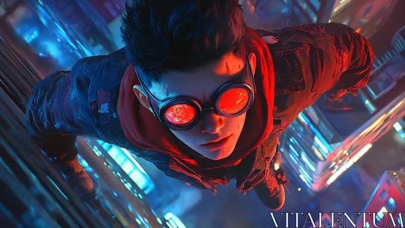 Cyberpunk rooftop freefall portrait in neon bicolor lighting.