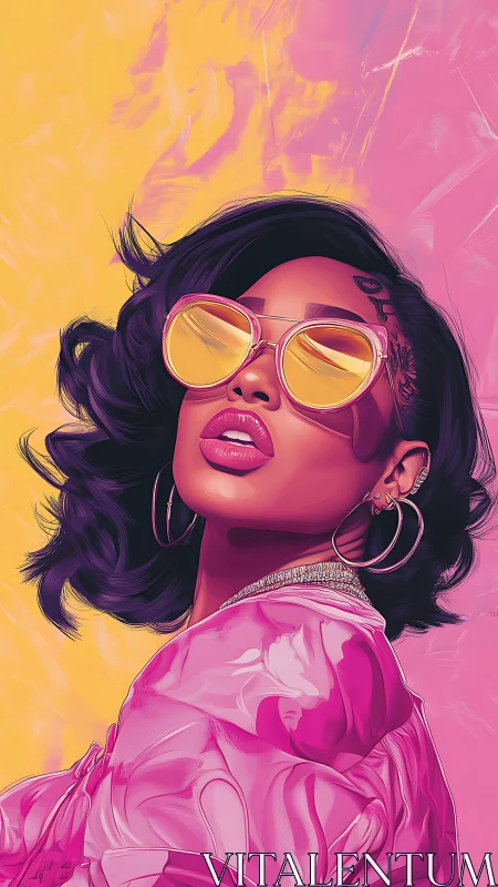 Vibrant digital portrait of woman in pink jacket and shades.
