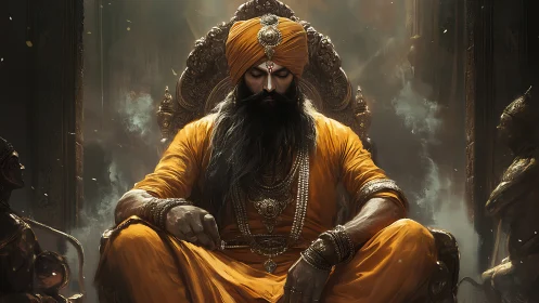 Serene royal guardian resting on an ornate ancient throne.