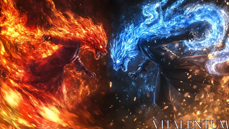 Fire and ice wolf spirits clash in mirrored combat scene.