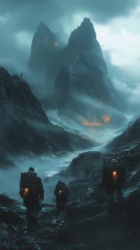 Heavily equipped hikers cross misty valley toward fiery cliffs
