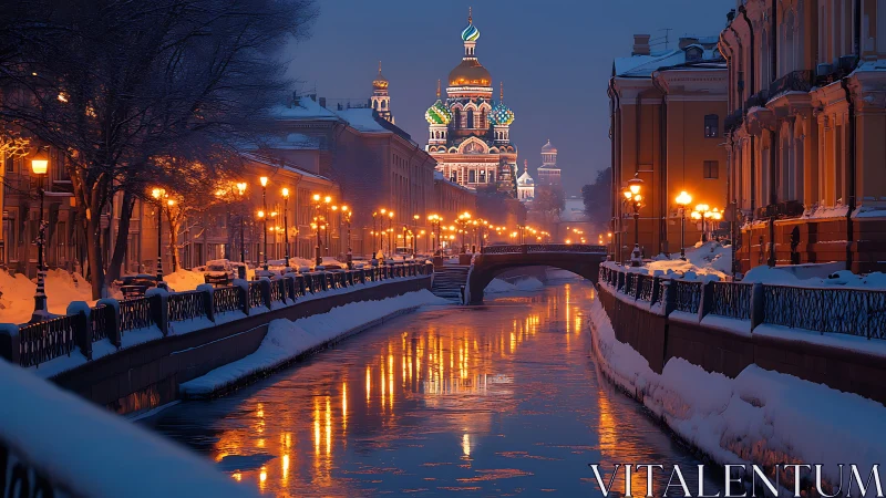 Winter canal cityscape with illuminated cathedral reflection.