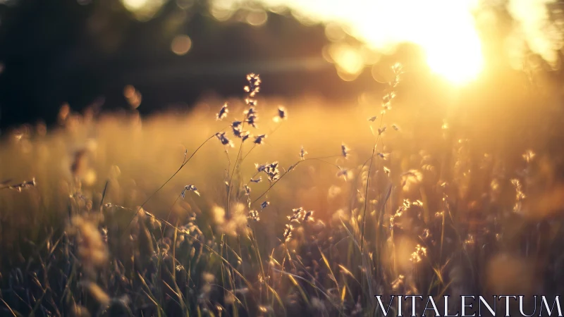 Backlit wild grass glows softly in warm sunset field