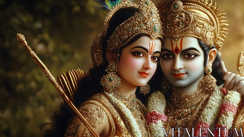 High-detail divine couple portrait with ornate golden regalia