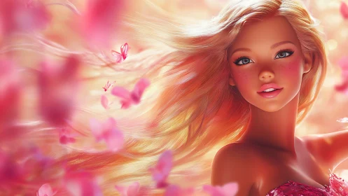 Radiant blonde girl amid swirling pink petals in sunlight