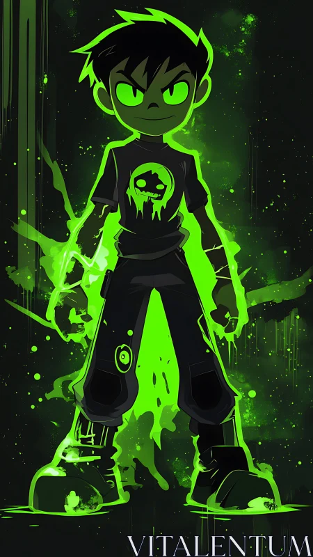 Neon green anime hero radiating dark cosmic energy.