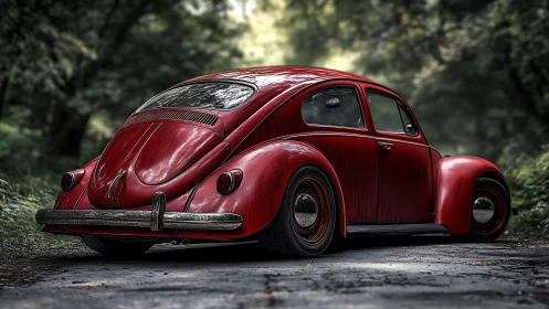 Charming red vintage beetle car waits on a quiet forest road